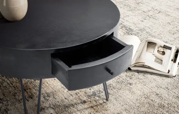 Couchtisch Mango Massivholz rund Ø 60 cm Wohnzimmertisch Schublade Schwarz
