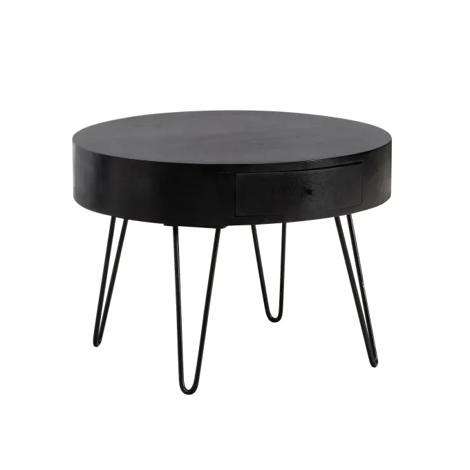 Couchtisch Mango Massivholz rund Ø 60 cm Wohnzimmertisch Schublade Schwarz