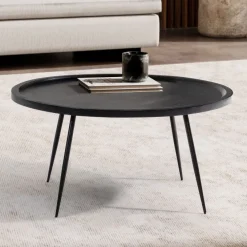 Couchtisch Massivholz rund Ø 75 cm Schwarz Moderner Wohnzimmertisch Metallbeine