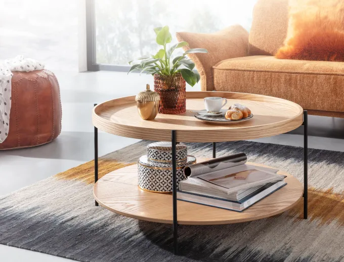 Couchtisch Rund 80cm Skandinavisches Eiche Design Wohnzimmertisch mit Ablage