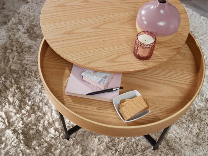 Couchtisch Rund Ø70cm Stauraum Skandinavisches Design Eiche Wohnzimmertisch Holz