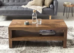 Couchtisch Sheesham Massivholz 110cm Rechteckiger Wohnzimmertisch mit Ablage