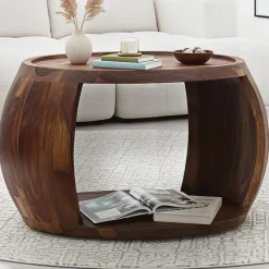 Couchtisch Sheesham Massivholz rund 60 cm Wohnzimmertisch Ablagefach Landhaus