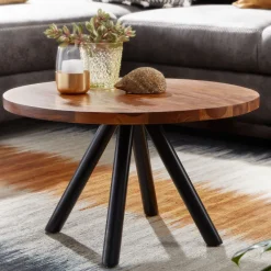 Couchtisch Sheesham Massivholz rund Ø60cm Wohnzimmertisch Metallbeine Industrial