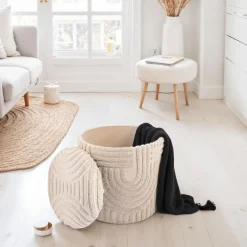Dekohocker FineBuy Sitzhocker mit Stauraum Baumwolle rund 40x45 cm Beige Boho