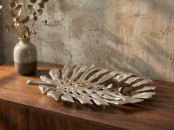 Dekoschale Metall 36cm Blatt Standdeko Design Tischdeko Obstschale Deko Alu