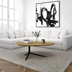 Design Couchtisch Akazie Massivholz 87cm oval Wohnzimmertisch Metallgestell
