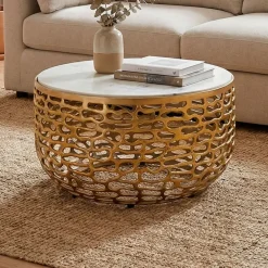 Design Metall Couchtisch Marmor Platte weiß Wohnzimmertisch Sofatisch rund 60cm