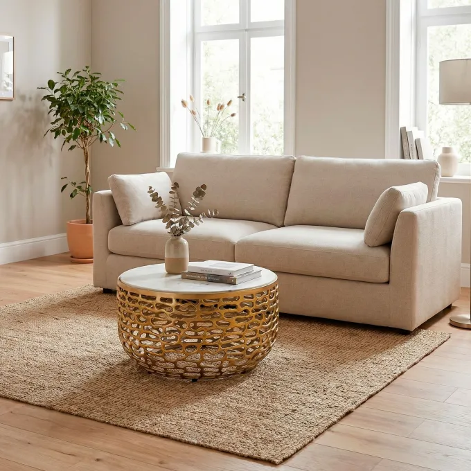 Design Metall Couchtisch Marmor Platte weiß Wohnzimmertisch Sofatisch rund 60cm