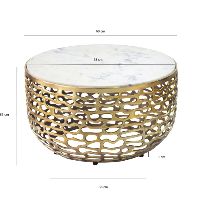 Design Metall Couchtisch Marmor Platte weiß Wohnzimmertisch Sofatisch rund 60cm