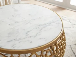 Design Metall Couchtisch mit Marmor Platte weiß Wohnzimmertisch Gold rund 60cm