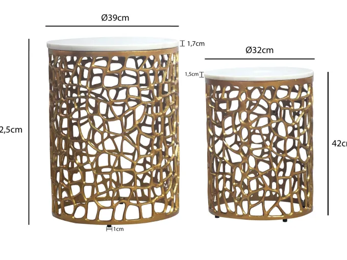 2er Set Couchtisch gold Marmor rund Wohnzimmertisch Beistelltisch Satztisch Alu