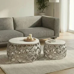 2er Set Couchtisch Marmor Metall rund Wohnzimmertisch Beistelltisch Satztisch