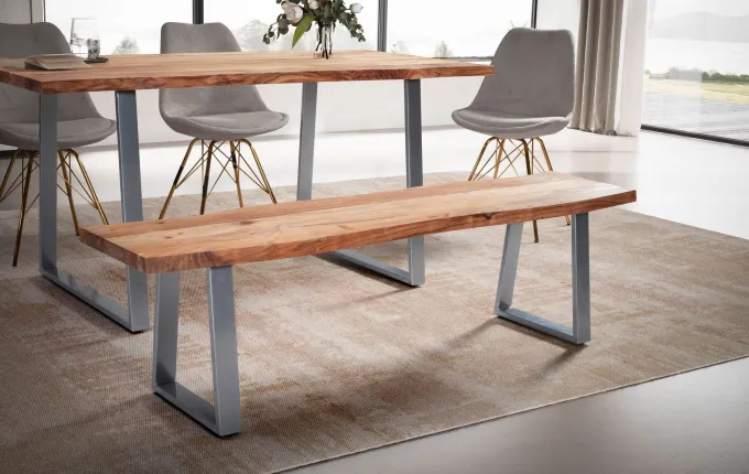 Esszimmerbank FineBuy Sitzbank Akazie Massivholz 180 cm Essbank Baumkante Chrom