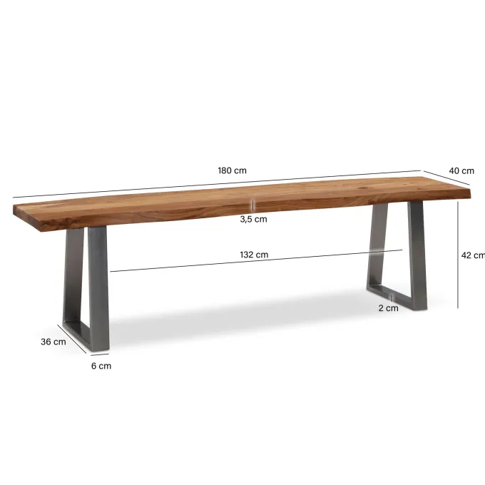 Esszimmerbank FineBuy Sitzbank Akazie Massivholz 180 cm Essbank Baumkante Chrom