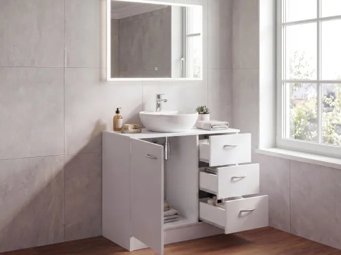 FineBuy Bad Waschbecken Unterschrank 54 x 63 x 30 cm 1 Tür 3 Schubladen weiß