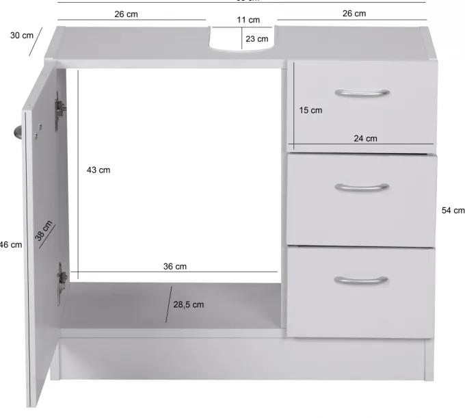 FineBuy Bad Waschbecken Unterschrank 54 x 63 x 30 cm 1 Tür 3 Schubladen weiß