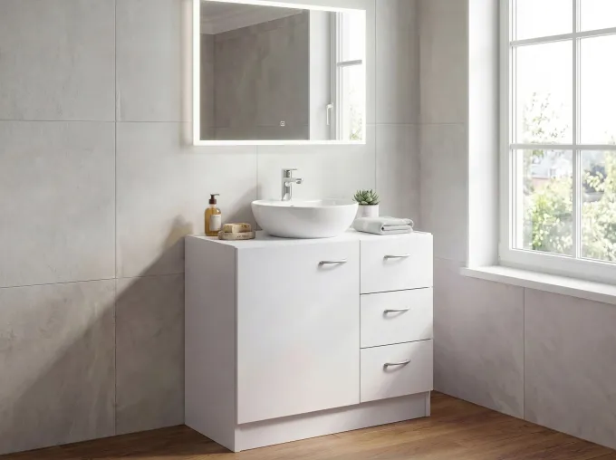 FineBuy Bad Waschbecken Unterschrank 54 x 63 x 30 cm 1 Tür 3 Schubladen weiß