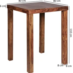FineBuy Bartisch Massivholz Sheesham 80x80x110cm Stehtisch Bistrotisch Tisch