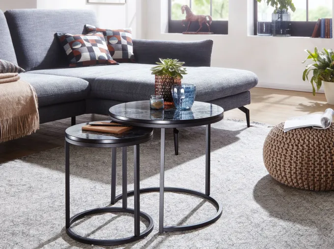 FineBuy Beistelltisch 2er Set Couchtisch Marmor Optik Wohnzimmertisch Rund Tisch