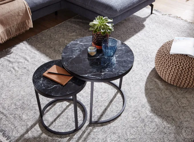 FineBuy Beistelltisch 2er Set Couchtisch Marmor Optik Wohnzimmertisch Rund Tisch