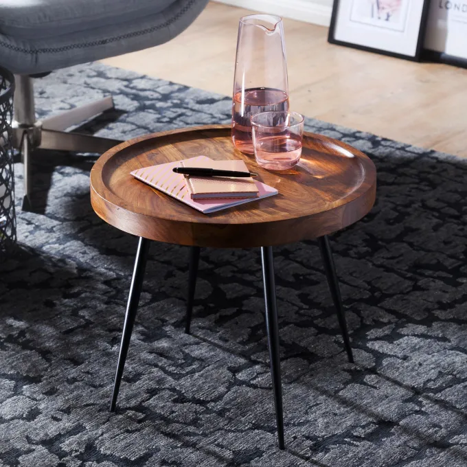 FineBuy Beistelltisch rund 46x40x46cm Sheesham massiv Holz Metall Couchtisch