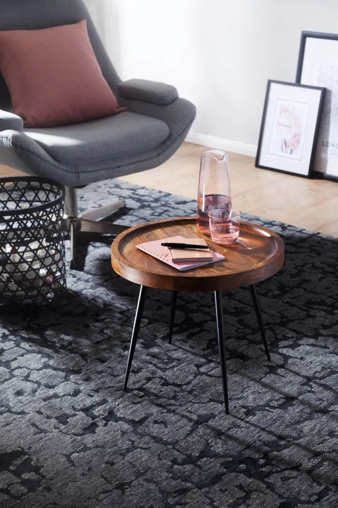 FineBuy Beistelltisch rund 46x40x46cm Sheesham massiv Holz Metall Couchtisch