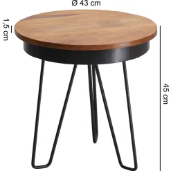 FineBuy Beistelltisch Ø43 Sheesham Massivholz Couchtisch Metall Wohnzimmertisch