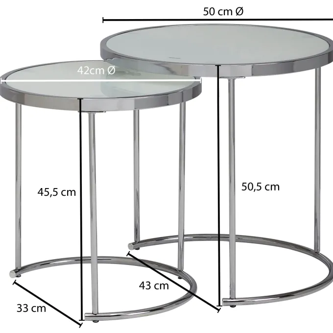 FineBuy Beistelltisch 2tlg Rund Wohnzimmertisch Weiß Glas Couchtisch Silber