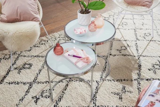 FineBuy Beistelltisch 2tlg Rund Wohnzimmertisch Weiß Glas Couchtisch Silber