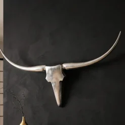 FineBuy Bull Geweih L Wanddekoration 125 cm breit Aluminium silber Wandgeweih