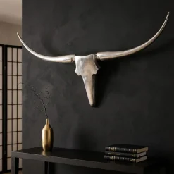 FineBuy Bull Geweih L Wanddekoration 125 cm breit Aluminium silber Wandgeweih