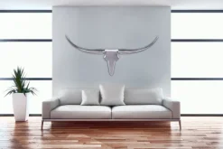 FineBuy Bull Geweih L Wanddekoration 125 cm breit Aluminium silber Wandgeweih