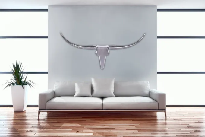 FineBuy Bull Geweih L Wanddekoration 125 cm breit Aluminium silber Wandgeweih