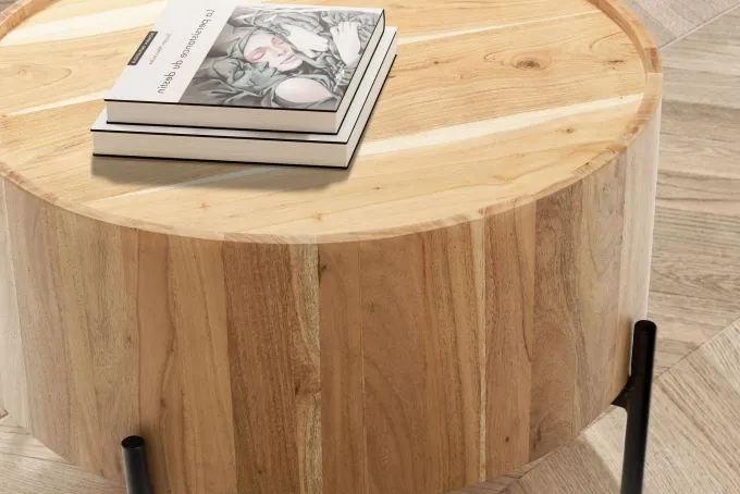 FineBuy Couchtisch Akazie Massivholz rund 60 cm · Wohnzimmertisch in Trommelform