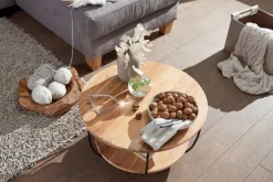 FineBuy Couchtisch Akazie Massivholz rund 60cm Wohnzimmertisch Ablage Industrial