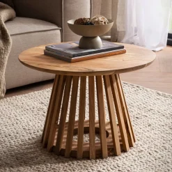 FineBuy Couchtisch Akazie Massivholz rund 60 cm Wohnzimmertisch Lamellenfuß