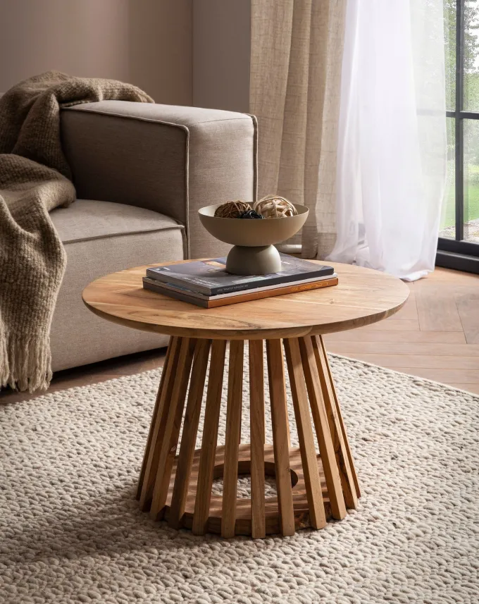 FineBuy Couchtisch Akazie Massivholz rund 60 cm Wohnzimmertisch Lamellenfuß