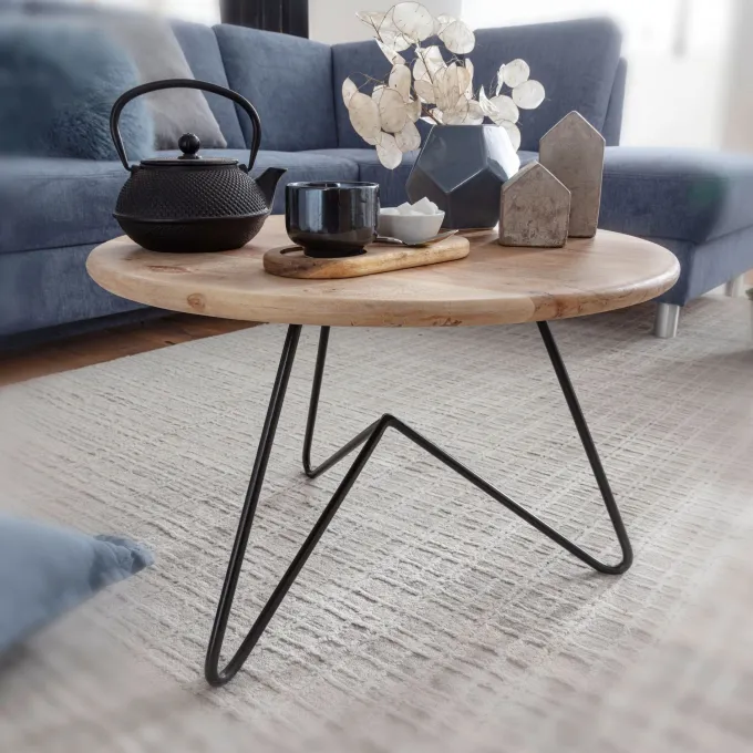 FineBuy Couchtisch Akazie Massivholz rund 60cm Wohnzimmertisch Metallgestell