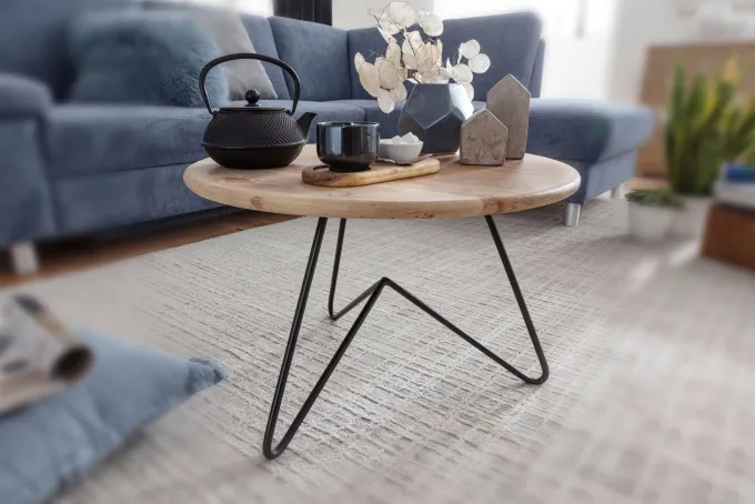FineBuy Couchtisch Akazie Massivholz rund 60cm Wohnzimmertisch Metallgestell