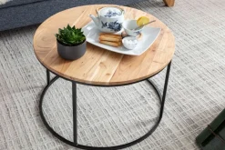 FineBuy Couchtisch Akazie Massivholz rund 60cm Wohnzimmertisch Handgefertigt