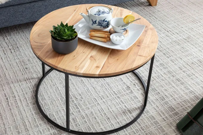 FineBuy Couchtisch Akazie Massivholz rund 60cm Wohnzimmertisch Handgefertigt