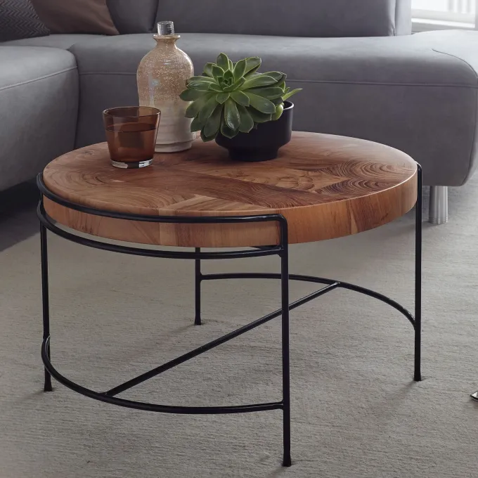 FineBuy Couchtisch Akazie Massivholz rund 62 cm Wohnzimmertisch Baumscheibe