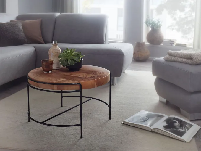 FineBuy Couchtisch Akazie Massivholz rund 62 cm Wohnzimmertisch Baumscheibe