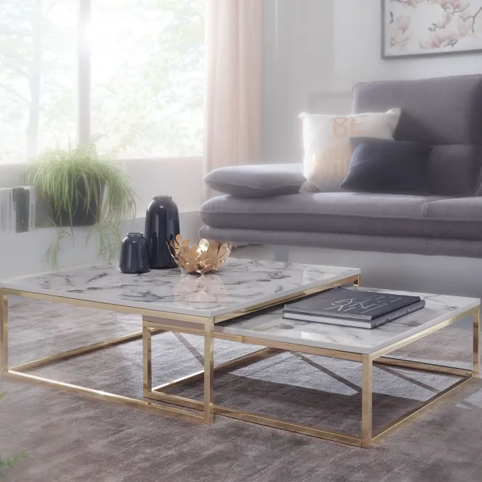 FineBuy Couchtisch 2er Set Marmor Optik Satztisch Modern Metallgestell Sofatisch