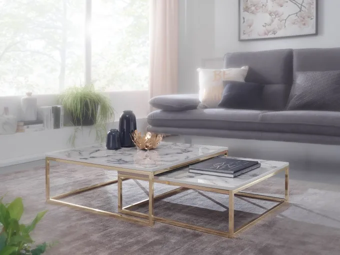 FineBuy Couchtisch 2er Set Marmor Optik Satztisch Modern Metallgestell Sofatisch