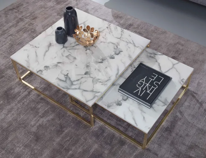 FineBuy Couchtisch 2er Set Marmor Optik Satztisch Modern Metallgestell Sofatisch