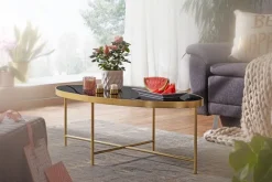 FineBuy Couchtisch Glas Schwarz Wohnzimmertisch Oval 110 x 56 Glastisch Gold
