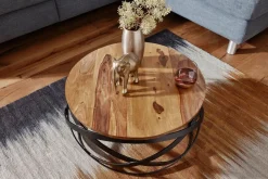 FineBuy Couchtisch MANUR Sheesham Massivholz rund Ø 60 cm Wohnzimmertisch Metall