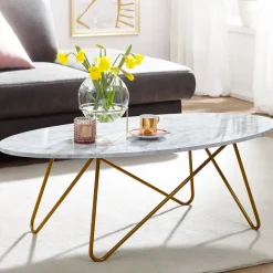 FineBuy Couchtisch Marmor Optik Weiß 120 cm Wohnzimmertisch Oval Tisch Sofatisch